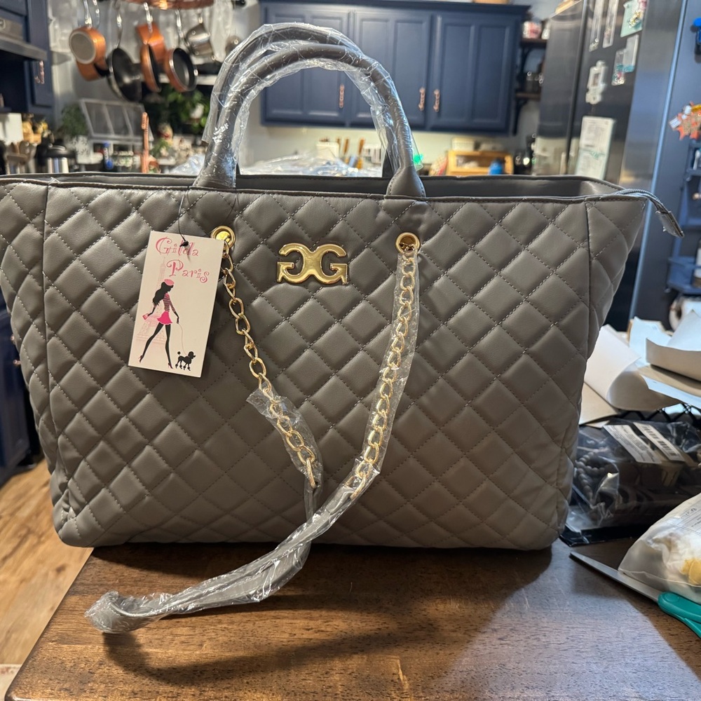 Gray and Gold Quilted Tote Bag
